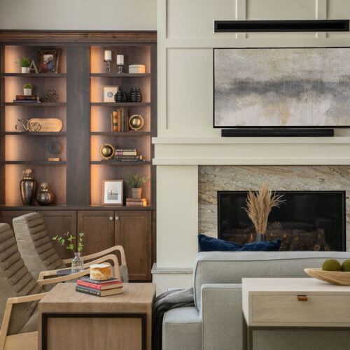 Edina remodel: A living room with a fireplace and bookshelves.