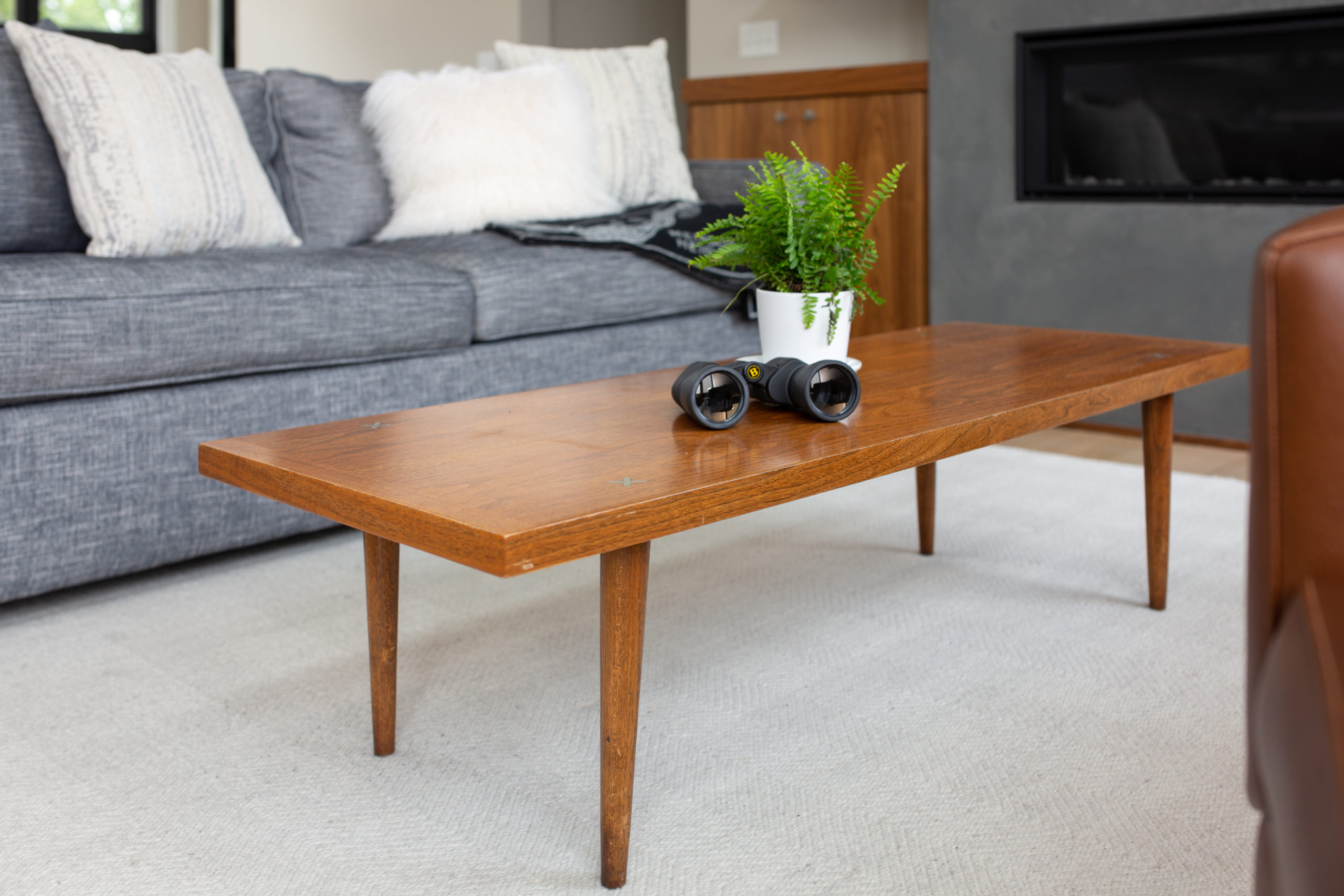 A coffee table in a living room.