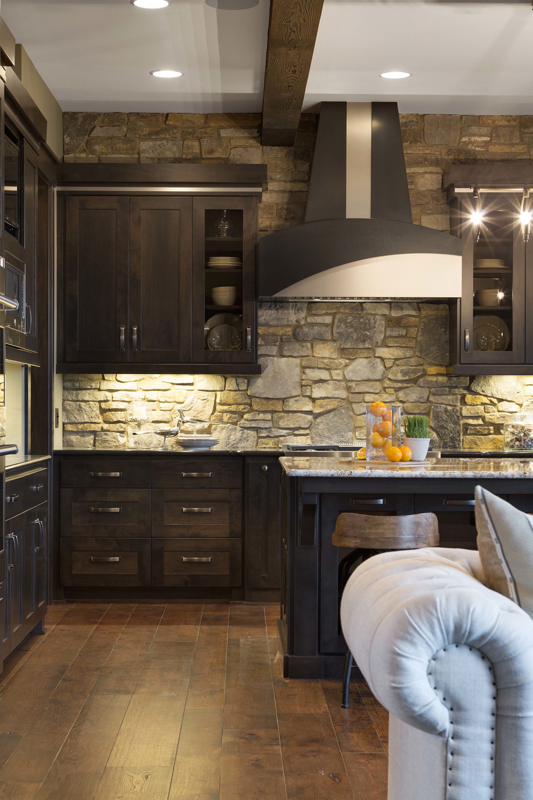 A stone wall in the kitchen.