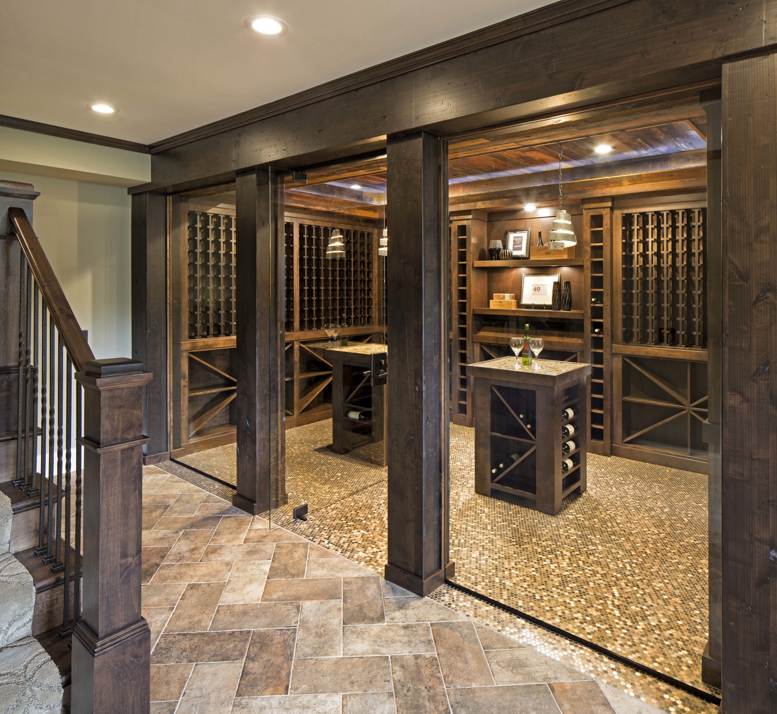 An Edina remodel featuring a wine cellar with a staircase.