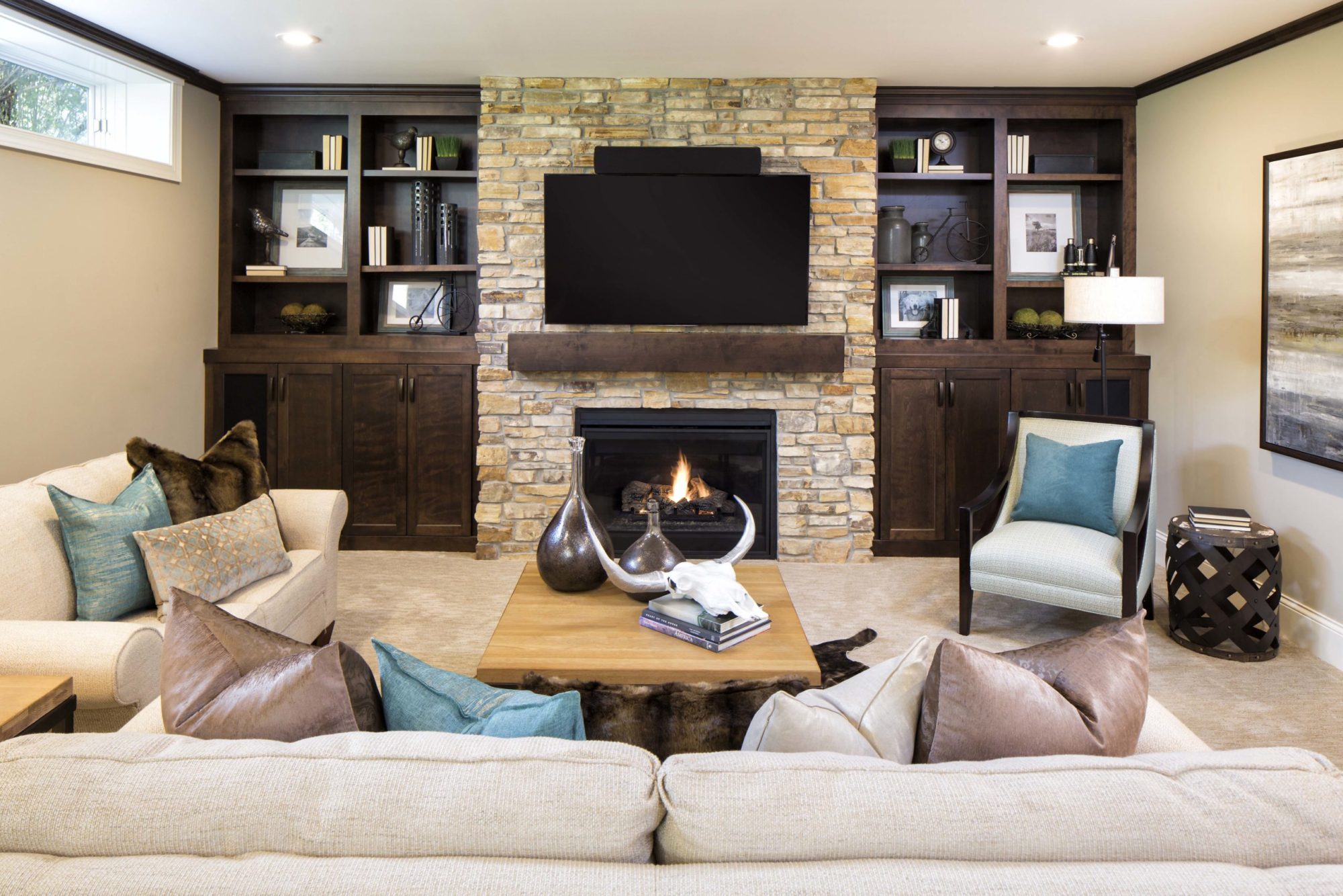 An Edina remodel with a living room featuring a fireplace.