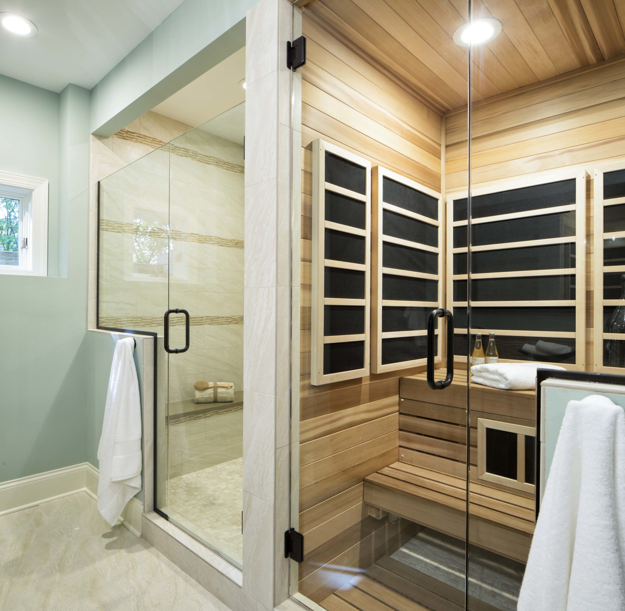 Edina remodel featuring a luxurious bathroom with a sauna and a stunning glass shower.