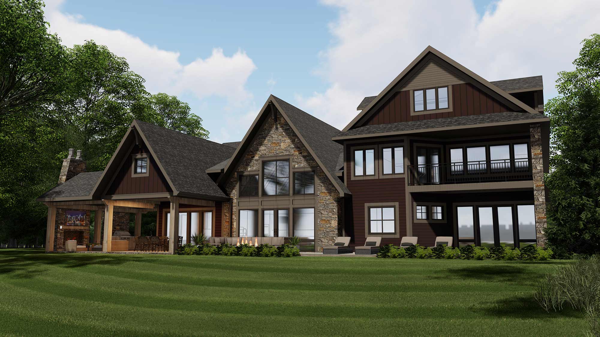 A 3d rendering of a house with a large yard.