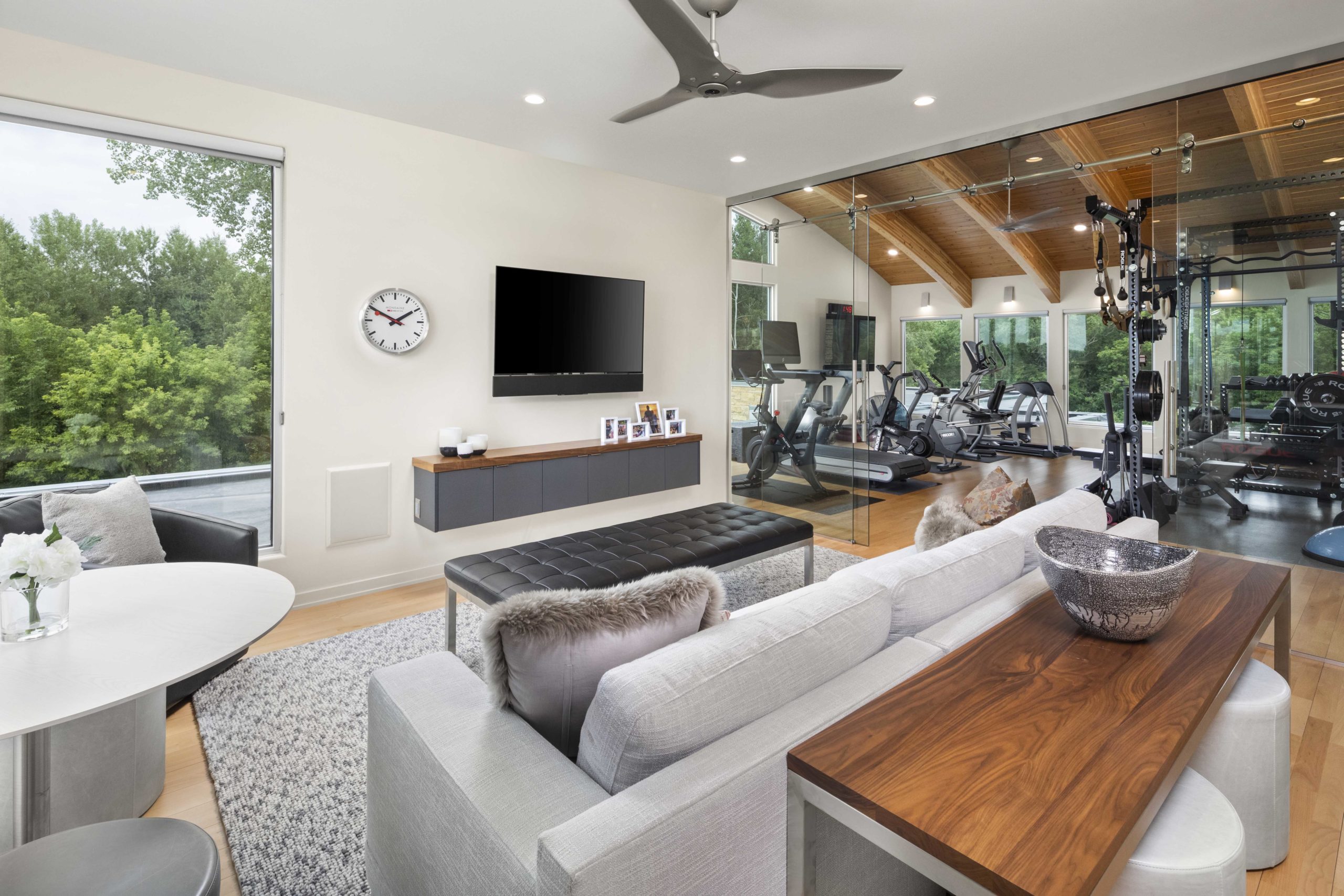 A contemporary living room with a gym and TV.