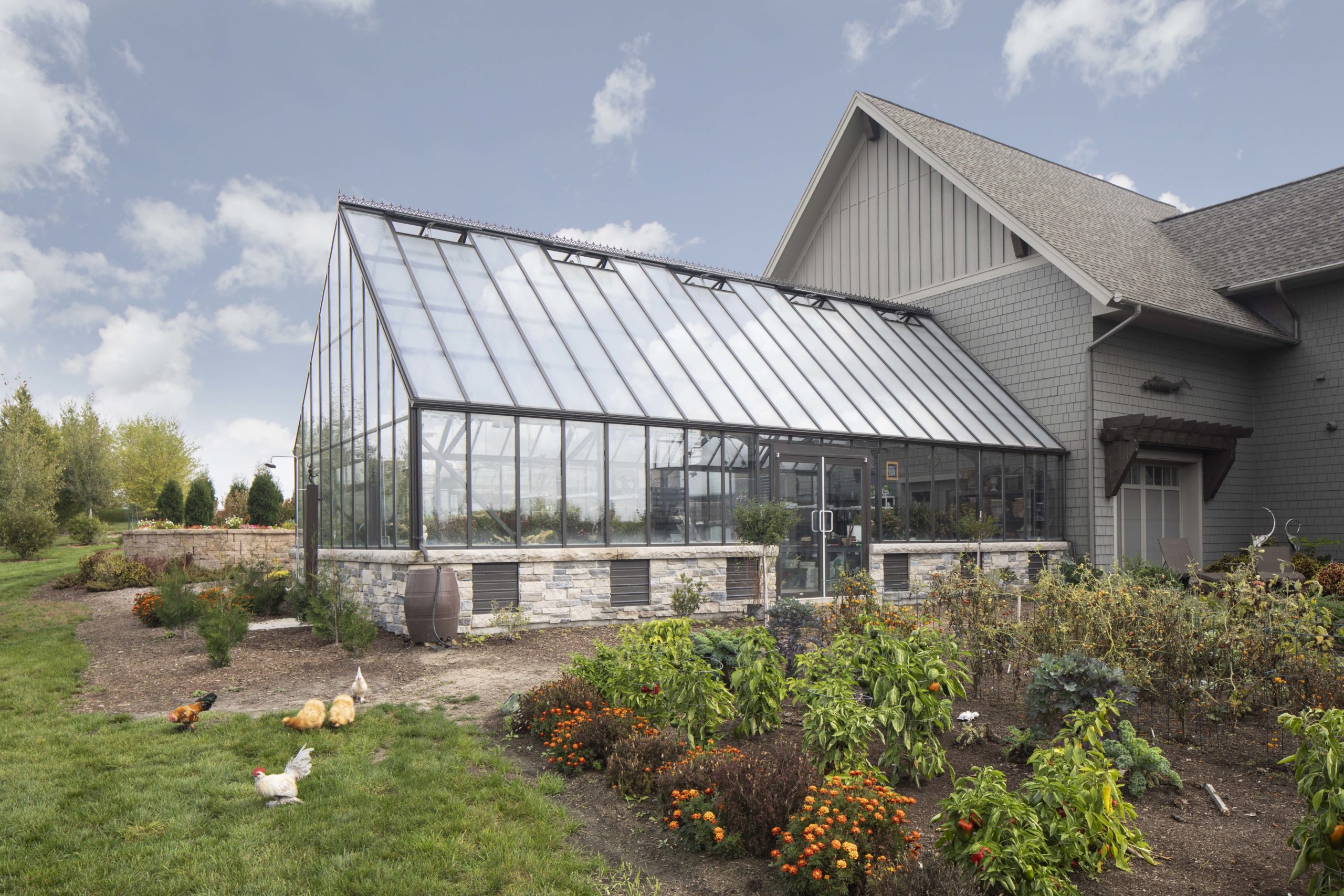 A prairie transitional custom home with a greenhouse and chickens in the yard.