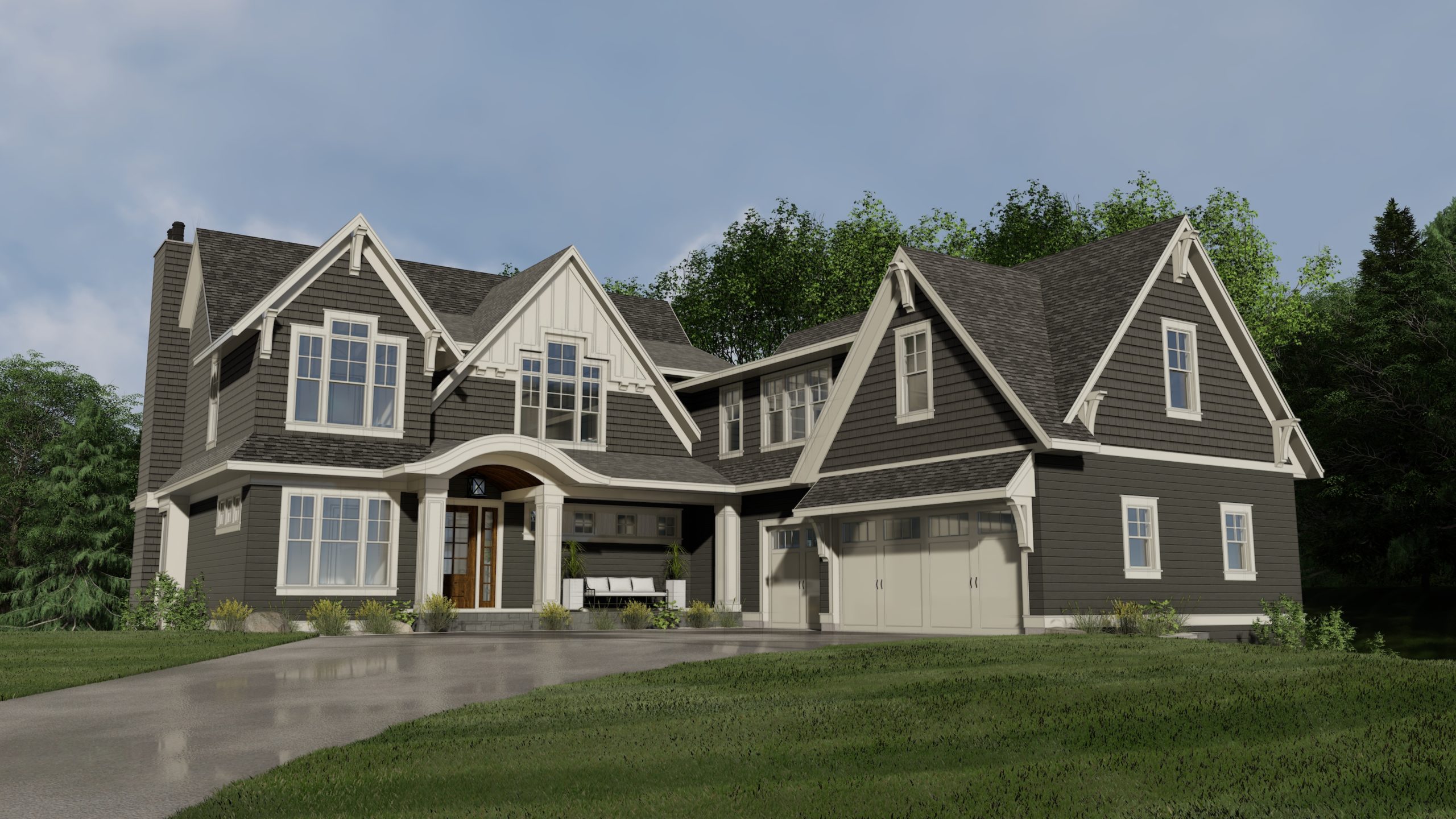 This is a rendering of a house with a garage.