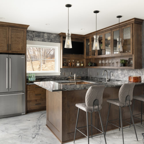 A 3d rendering of a kitchen with bar stools.