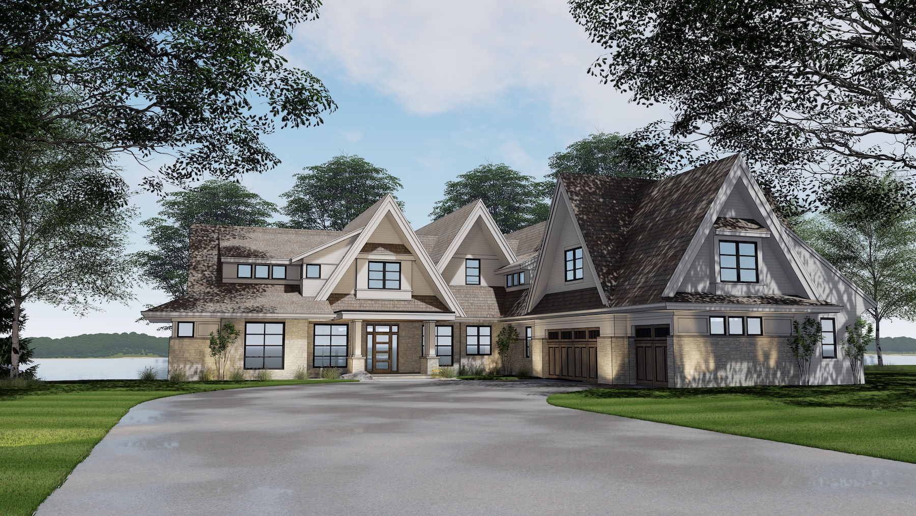 This is a rendering of the front of these country house plans.