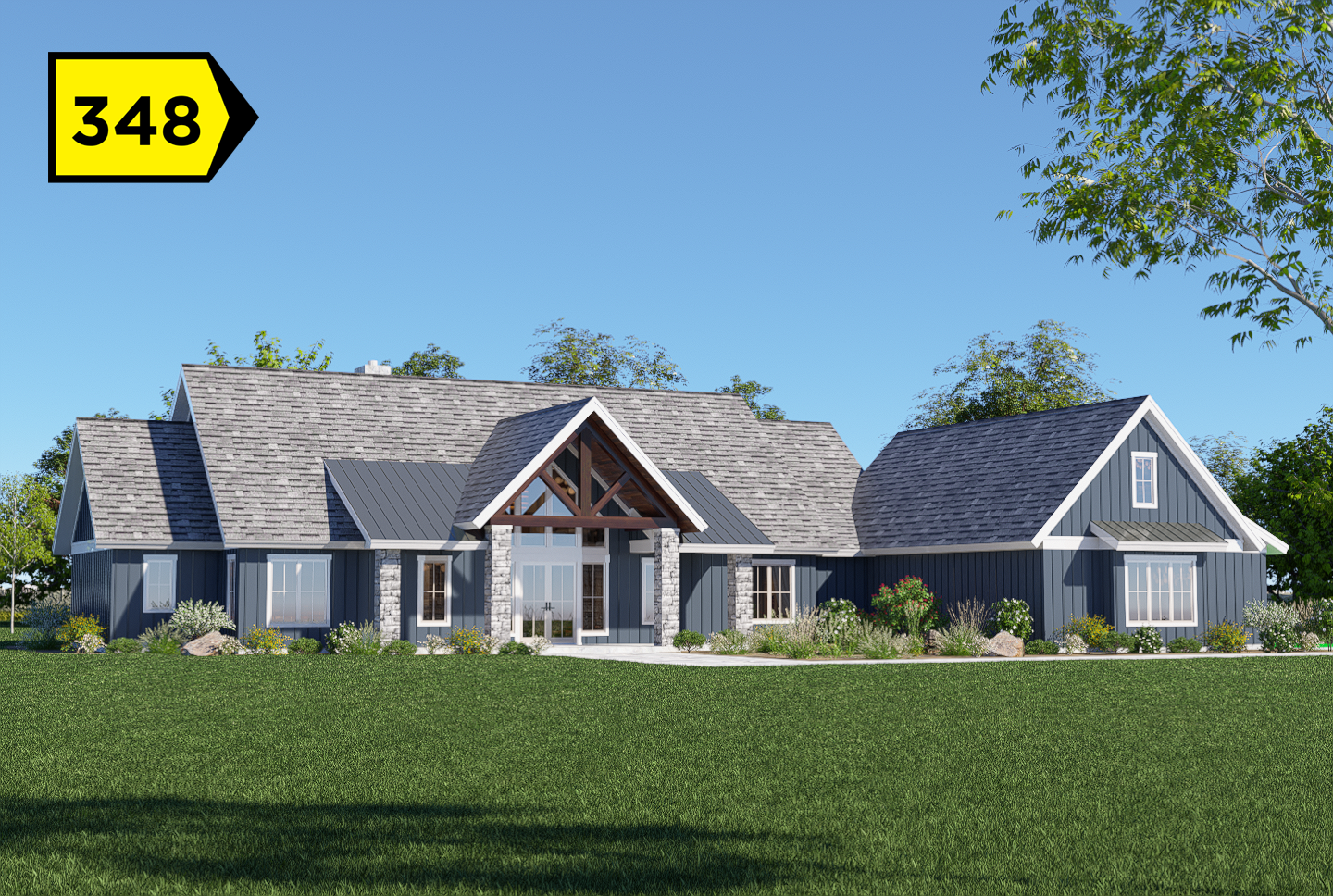 A 3d rendering of a ranch style home.
