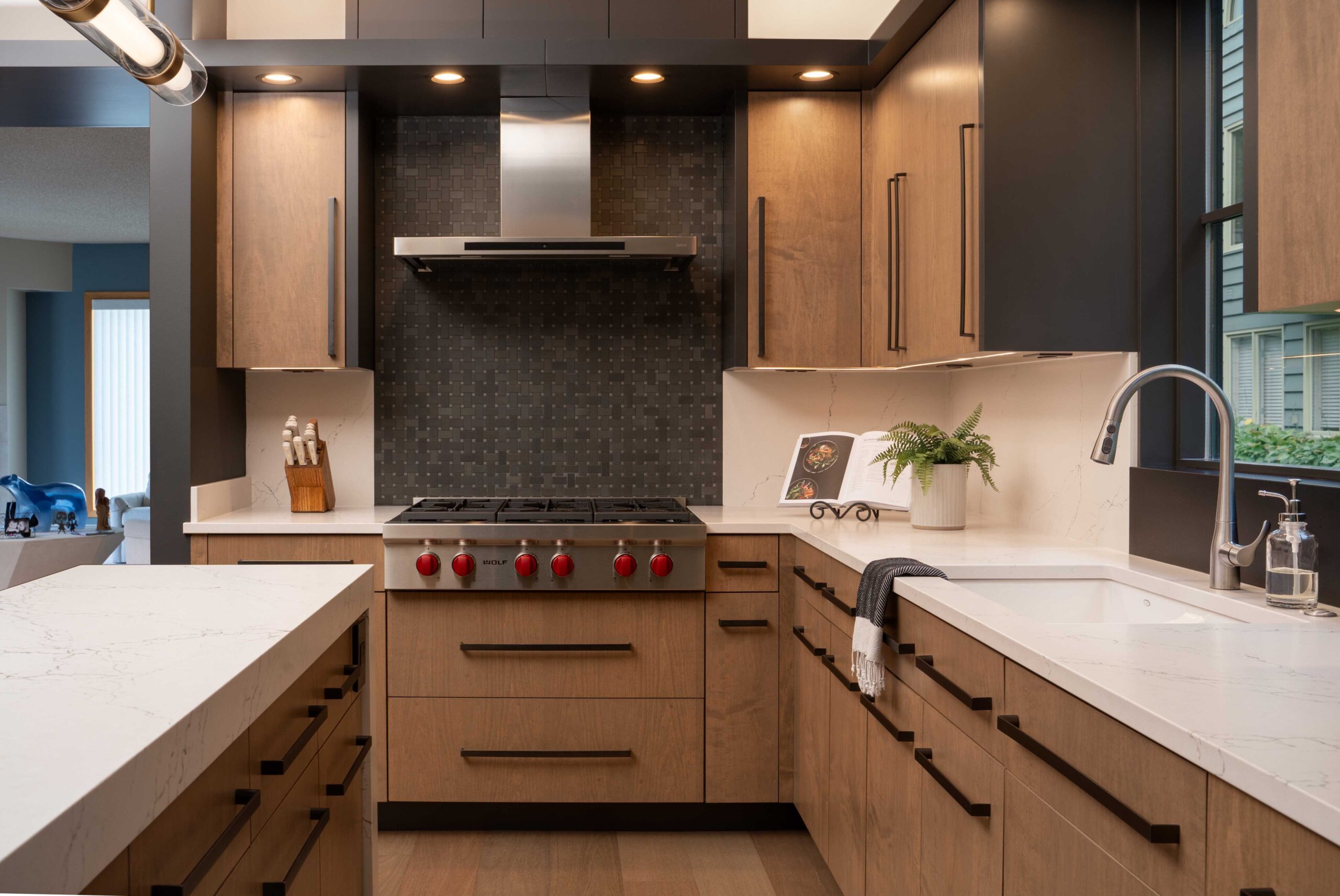 A modern Bloomington kitchen remodel with wood cabinets and counter tops.