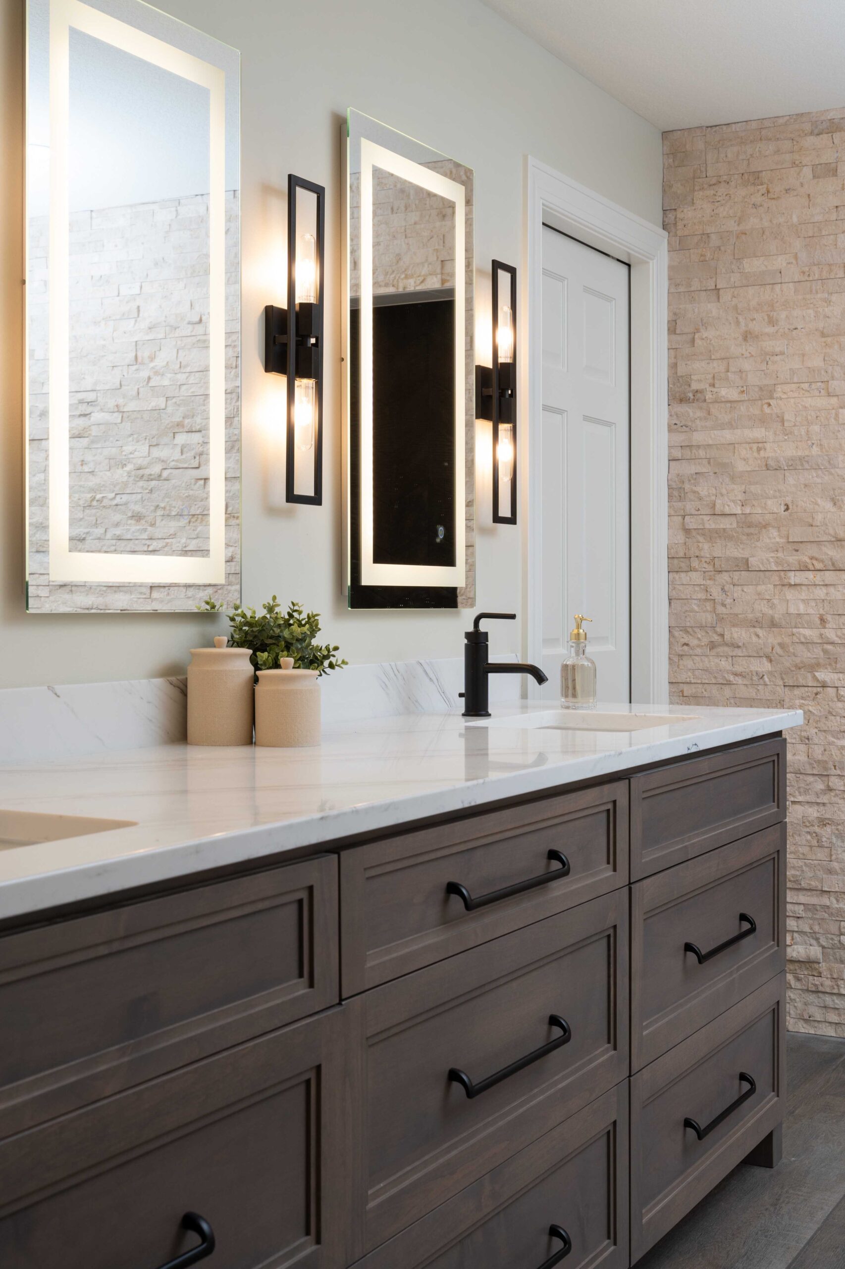 Great Waters Alcove Remodel: A bathroom with two sinks and two mirrors.